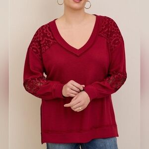 Torrid Lose Fitting Red Pullover Waffle Sweater with Lace Accents on Sleeves